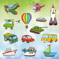 自動車やトラック、ショベル、船や飛行機 着色ページ