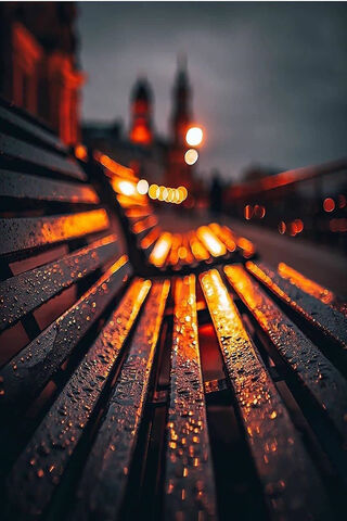 Glistening Serenity: The Dark Wooden Bench