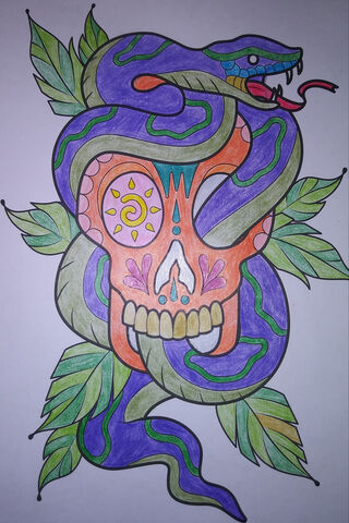 Vibrant Serpent Embrace: A Sugar Skull Journey