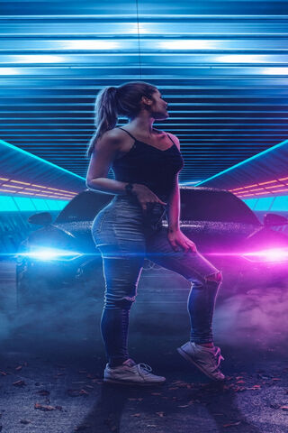Urban Vibes: Girl and Car in Neon Lights