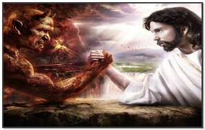 Бог против зла. Бог против дьявола. Иисус против дьявола. Бог против Бога Хэллоуина. Куриный Бог против Иисуса.