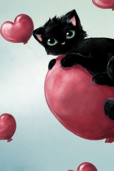 Black Kitty And Red Heart Balloons