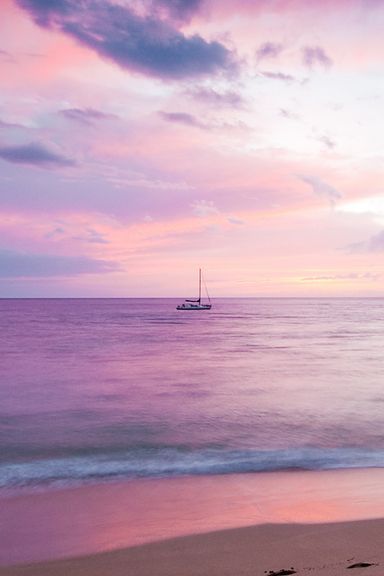 Pink Evening And Lonely Boat At Horizon