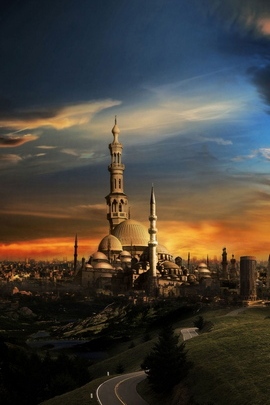 イスラム教のモスク市の夕日