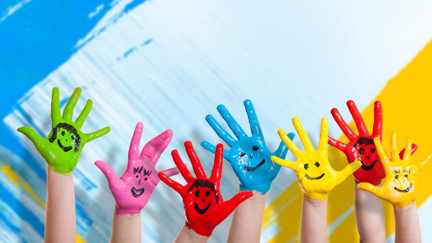 हात पेंट करा मुले सुखी सकारात्मक हसा