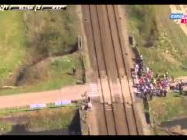 Train interferes with Paris - Roubaix cycle race in France.
