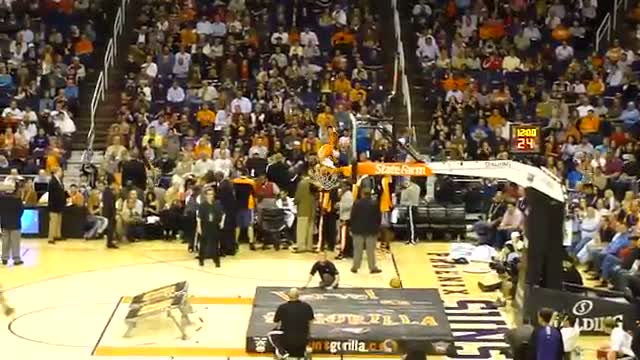 Guy dunks himself through Basketball Hoop, Phoenix Suns Gorilla Original Boy gets dunked